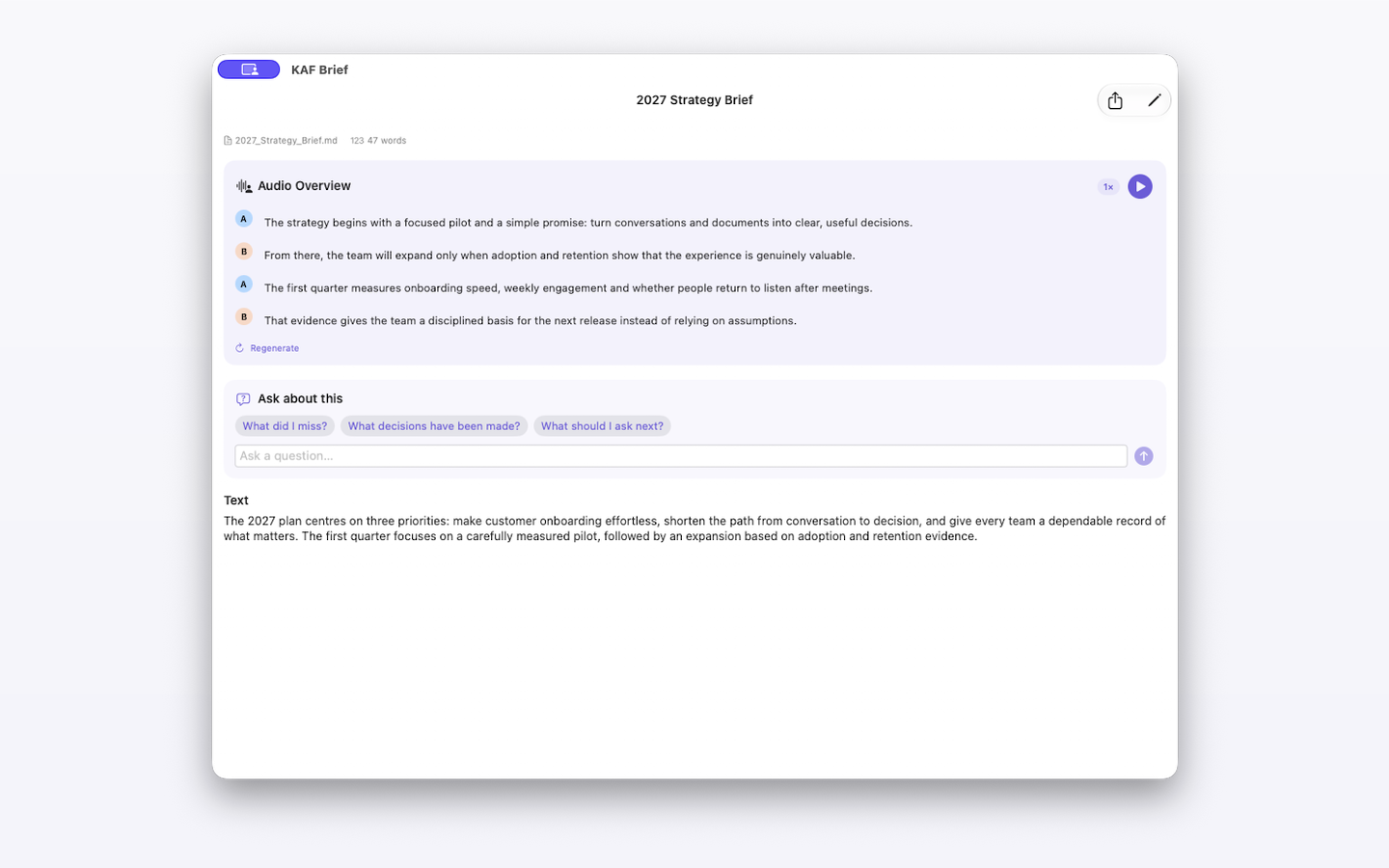 A Markdown strategy brief presented as a two-voice Audio Overview in KAF Brief