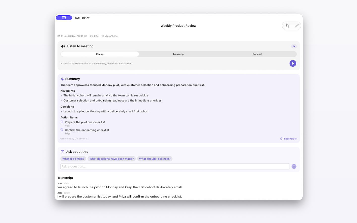 KAF Brief showing a meeting recap, decisions and actions on Mac